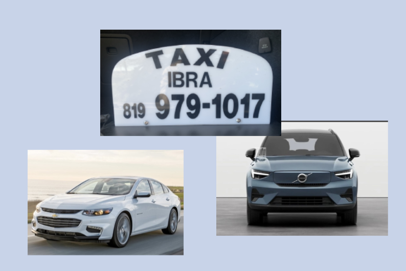 Trois images montrant le panneau de taxi 'TAXI IBRA' avec numéro de téléphone, une voiture blanche, et un SUV bleu électrique.